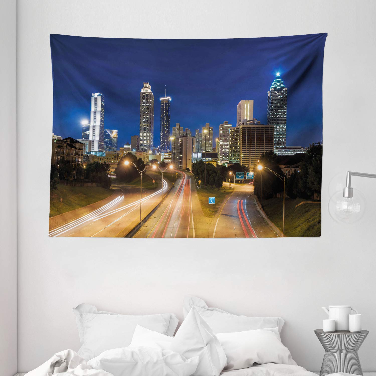 Ambesonne Urban Tapestry, Image of Atlanta Skyline Twilight with Highway Buildings Skyscrapers Blurred Motion, Wide Wall Hanging for Bedroom Living Room Dorm, 80" X 60", Navy Gold