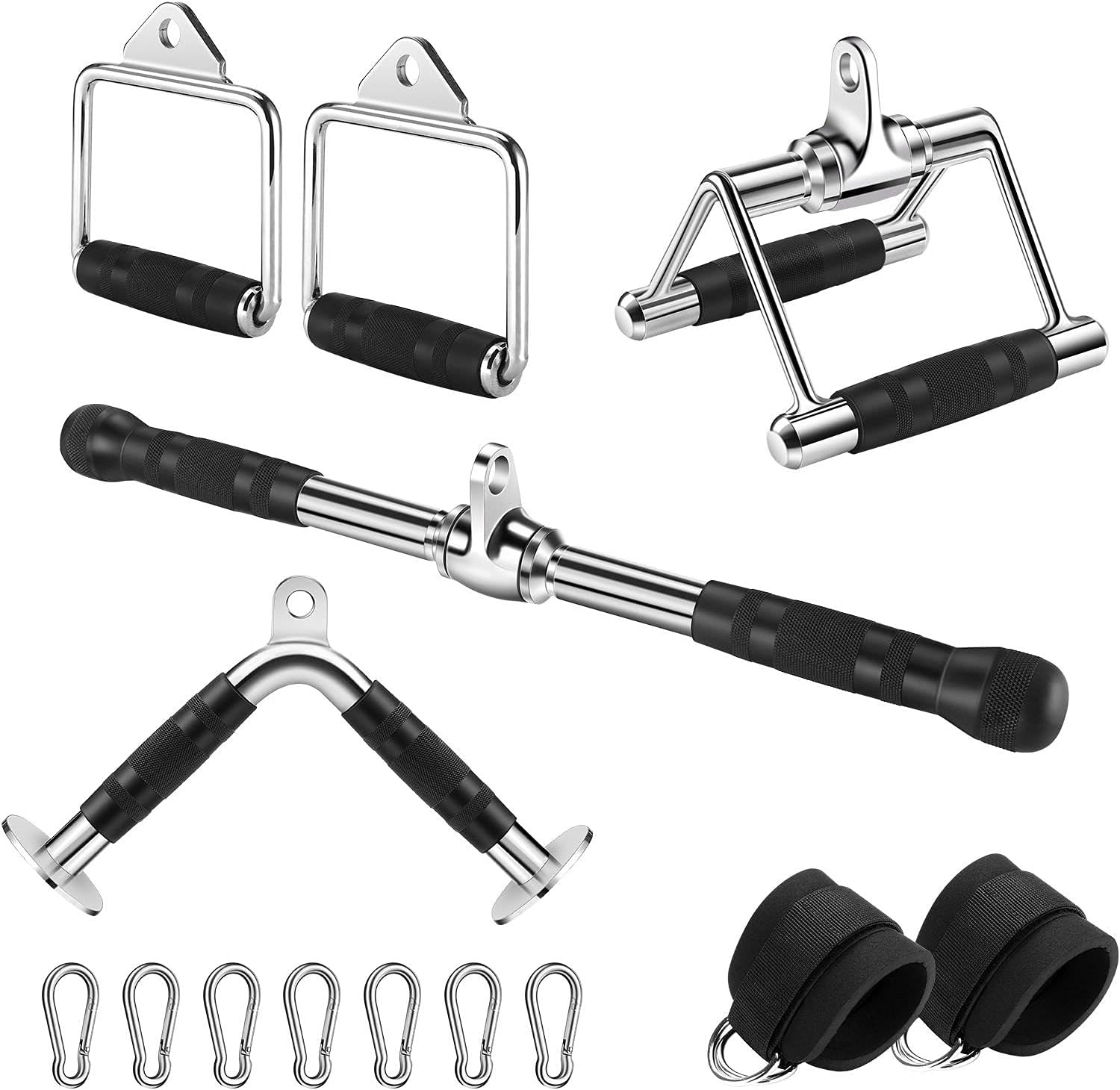 Lat Pulldown Attachment, Cable Machine Attachments for Gym, Home Gym Cable Weight Accessories: Tricep Rope, V Shaped Bar, V Handle, Straight Bar, Double D Handles, Exercise Handles, Ankle Straps