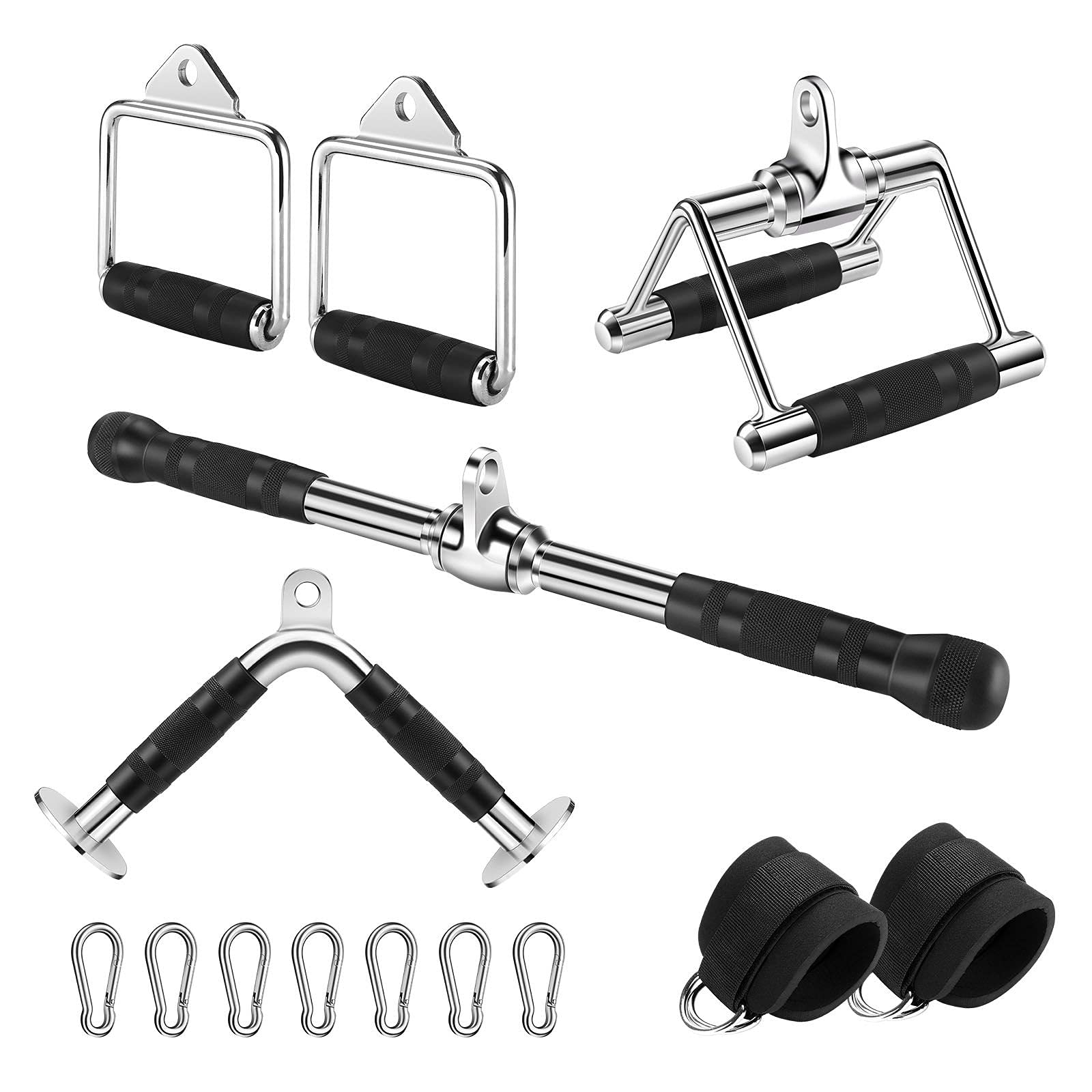 Lat Pulldown Attachment, Cable Machine Attachments for Gym, Home Gym Cable Weight Accessories: Tricep Rope, V Shaped Bar, V Handle, Straight Bar, Double D Handles, Exercise Handles, Ankle Straps