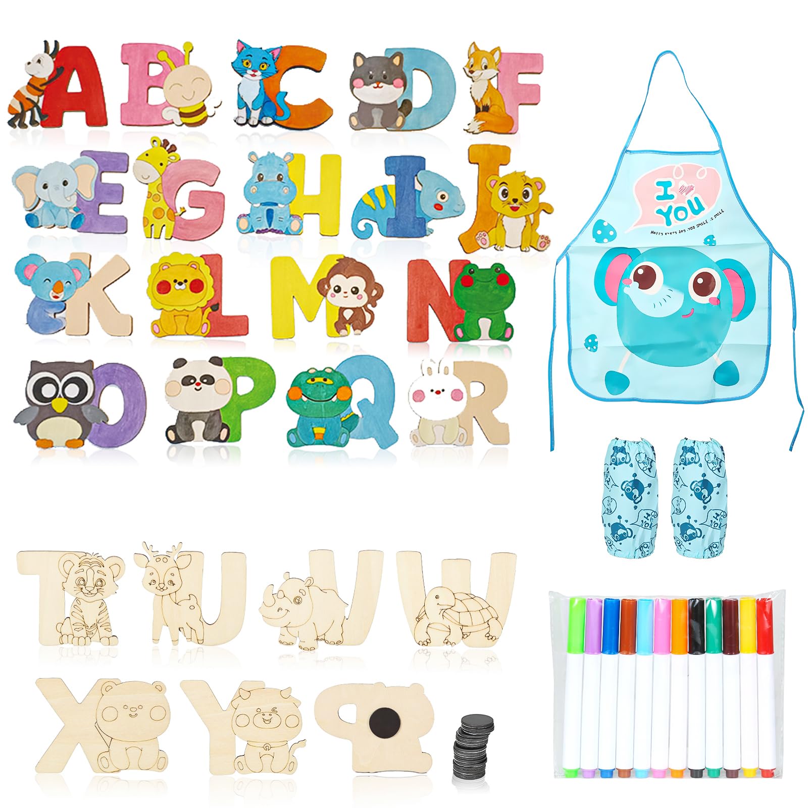 MUSUNFE 26 Wooden Magnet Creativity Arts & Crafts Toy for Boys Girls Birthday Party Gift Painting Kit for Kids, Decorate Your Own Painting Gift for Boys Girls Age 3-8 Year Old (26 Letters)