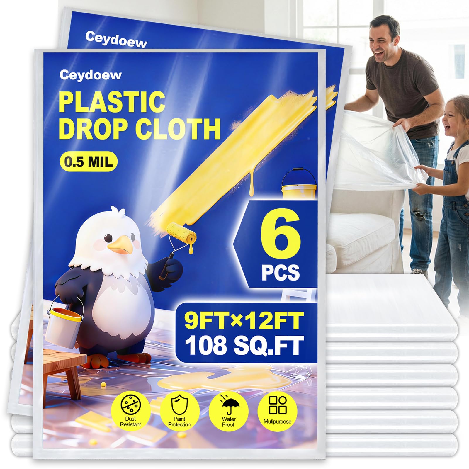 Photo 1 of ***MISSING PARTS***
6 Pack Premium Plastic Drop Cloths for Painting 9x12ft, Waterproof & Dust-Proof Painters Plastic Drop Cloth, Disposable Plastic Paint Tarp for Home Renovations & DIY Projects