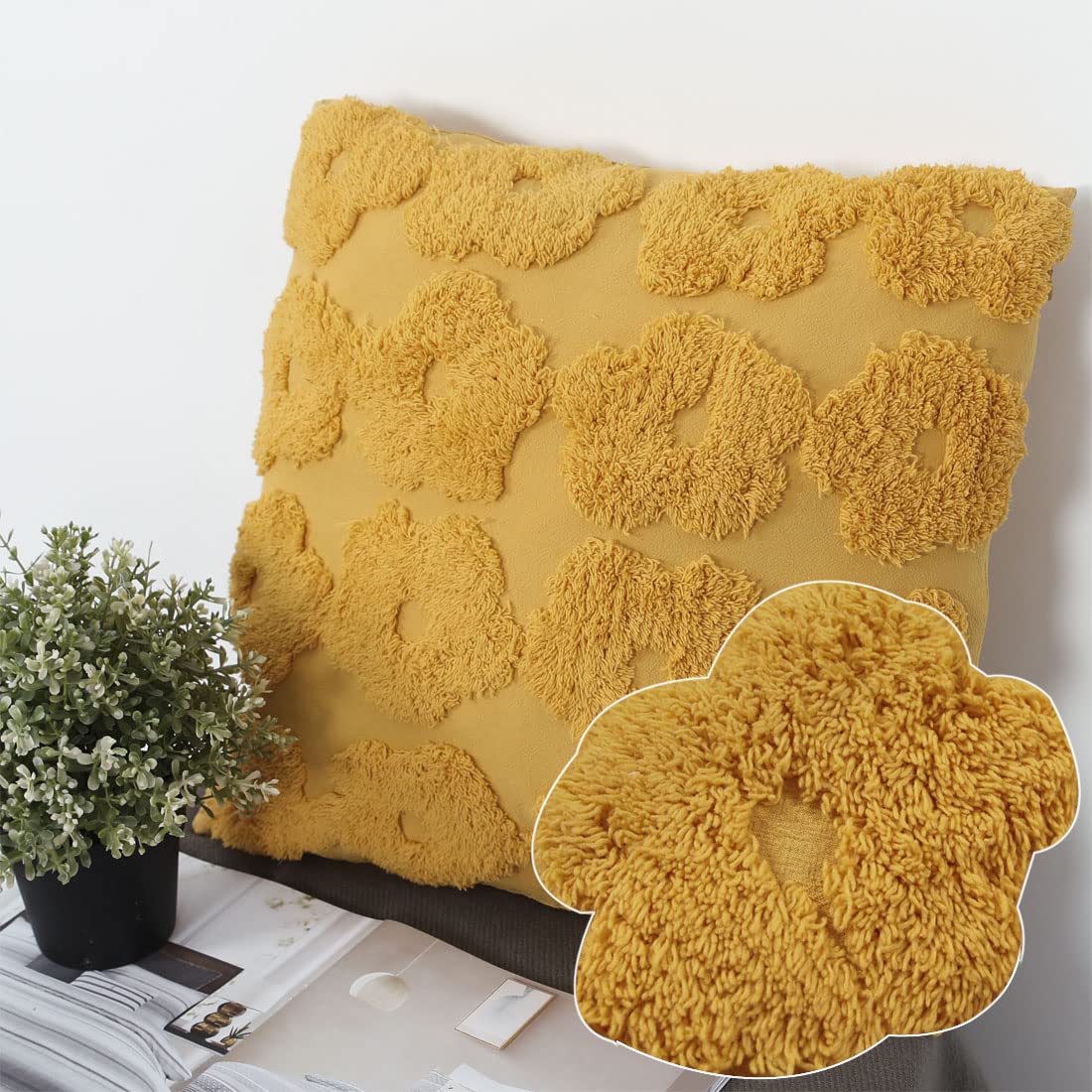 Chlophy Mustard Cushion Covers Ochre Boho Textured Yellow Cute Sunflower 45x45Cm 18x18IN Floral Tufted Throw Pillow Cover Sofa Chair Embroidered Decorative Set of 2