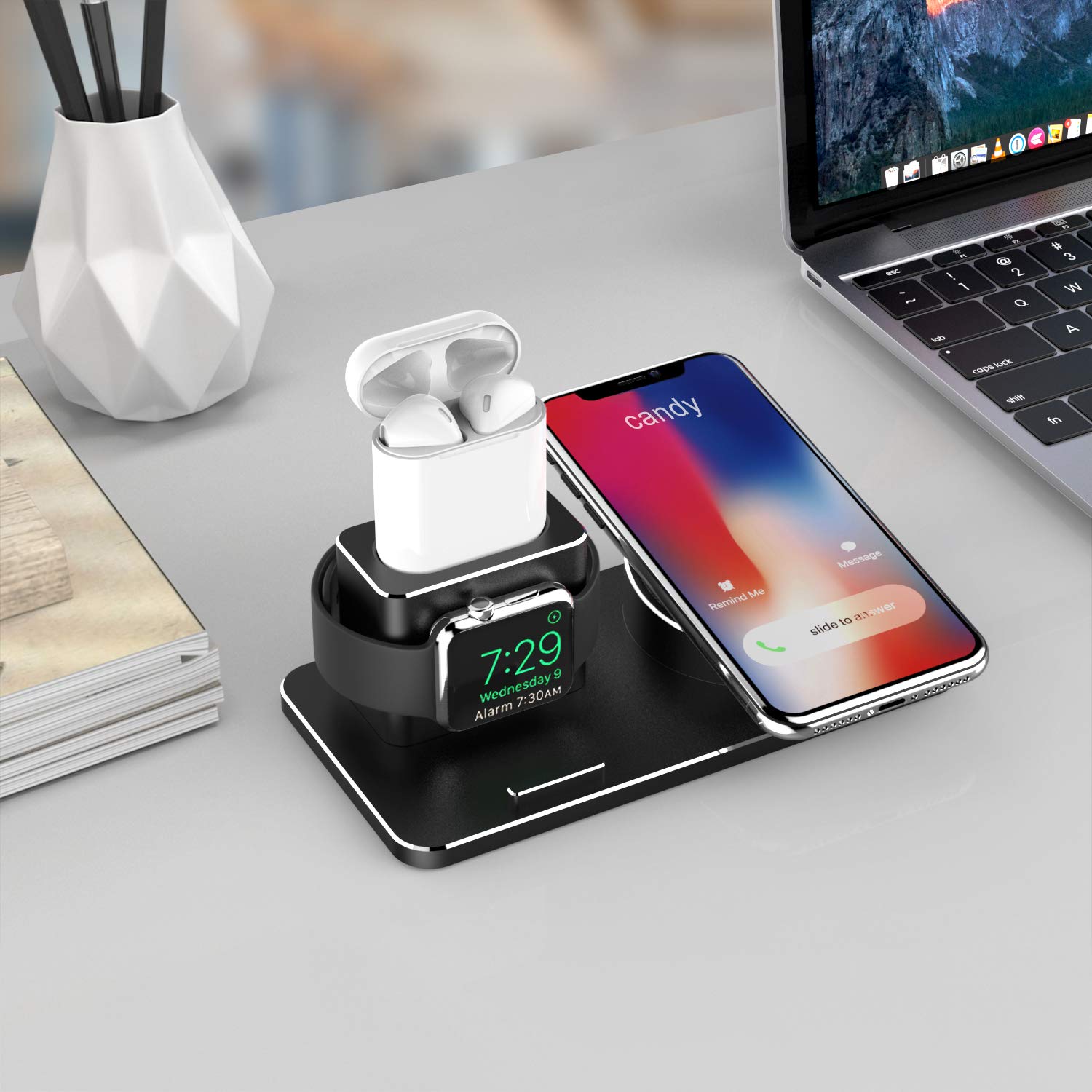 Awelbuy Charging Station for Apple Watch Aluminum Charging Stand Dock for iWatch Series 4/3/2/1, AirPods, 10W Wireless Charger Stand for iPhone X/XS/XR/Xs Max/8/8 Plus