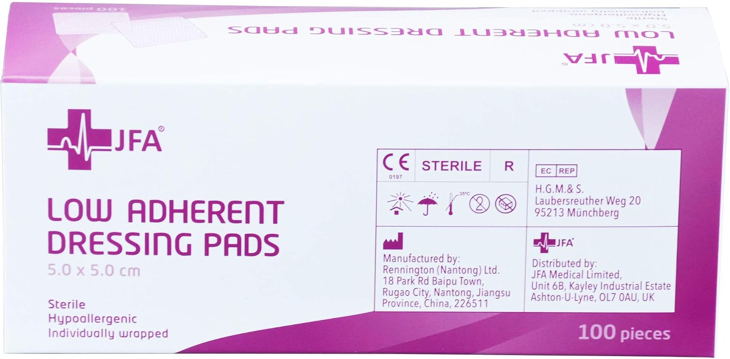 JFA Medical Low Adherent Sterile Absorbent Wound Dressing Pad 5cm x 5cm - Pack of 100, 100 Count (Pack of 1) - Image 5