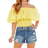 Hibluco Womens Off Shoulder Tops Ruffled Crop Top Smocked Waist Blouse Summer Tops