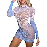 CZSABXY Fishnet Lingerie Rainbow Bodycon Dress Rave Outfit For Women Mesh Chemise Babydoll