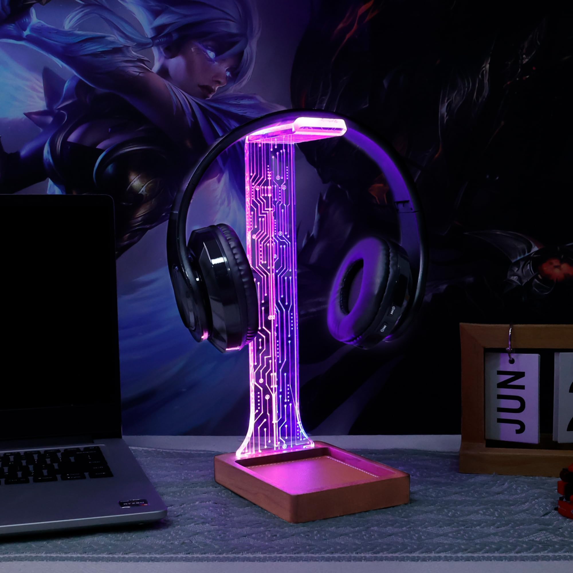 YuanDian Headphone Stand, Wood Headset Holder with Tray, Blue Pink LED Night Light for Gamers, Men, and Music Lovers - Perfect Desk Gift Idea