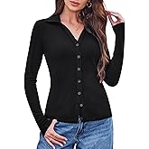 BAISHENGGT Womens Soft Ribbed Knit Polo Shirts Collared V-Neck Button Fastening Long Sleeve Going Out Tops