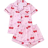 WDIRARA Women's 2 Piece Bow Cherry Print Pajama Set Short Sleeve Button Down Shorts Sleepwear Pjs