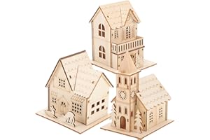 3Pcs Christmas Luminous Wooden Houses Led Light up Xmas Village Houses Mini Wooden House for Christmas Tree Window Kid Bedroo