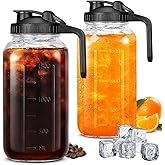 Wexlerey Glass Pitcher with Lid 2 Pack,Leak Proof Glass Mason Jar Pitcher with Lid & Spout Sun Tea Pitcher Wide Mouth for Ice