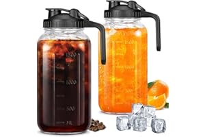 Wexlerey Glass Pitcher with Lid 2 Pack,Leak Proof Glass Mason Jar Pitcher with Lid & Spout Sun Tea Pitcher Wide Mouth for Ice