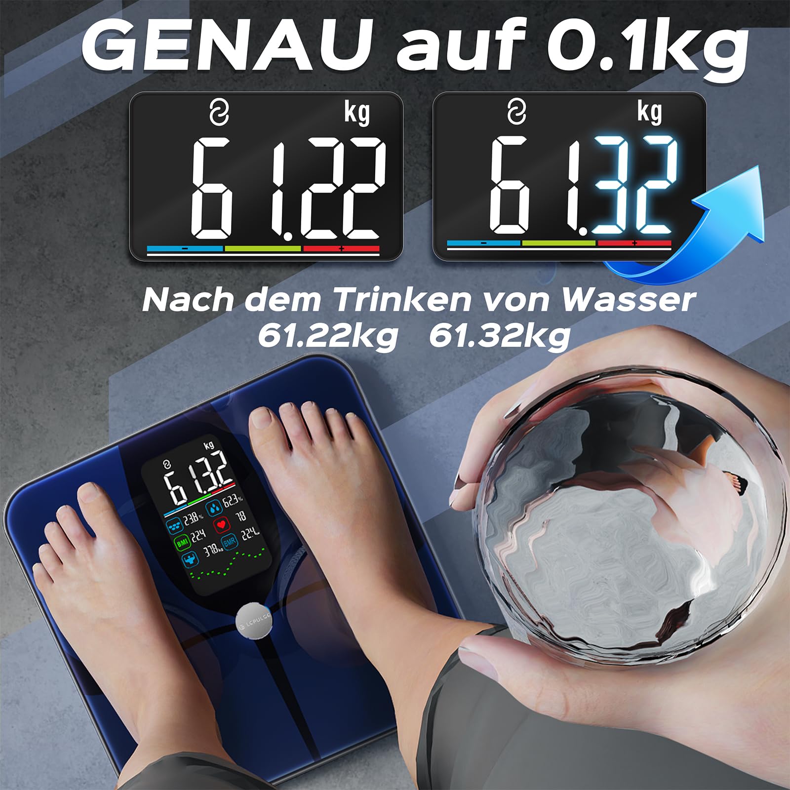 Lepulse Körperfettwaage F4 Pro, Aufladbar, Großes Display, Waage mit Körperfett und Muskelmasse, Personenwaage mit Körperfettanalyse, Trend, Körperwaage mit APP, Waage Personen, 22 Körpermaße 4