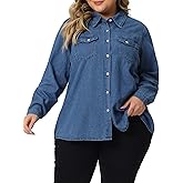 Agnes Orinda Women's Plus Size Button Down Denim Shirts Casual Long Sleeve Jean Blouse Top Jacket