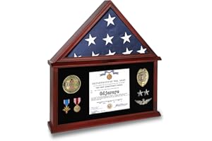 ODJARAYE Large American Veteran Flag Display Case Solid Wood Memorial Flag Display Case with HD Tempered Glass for 5' X 9.5' Folded Burial Flag Military Flag Display Case with Certificate Holder, Mahogany
