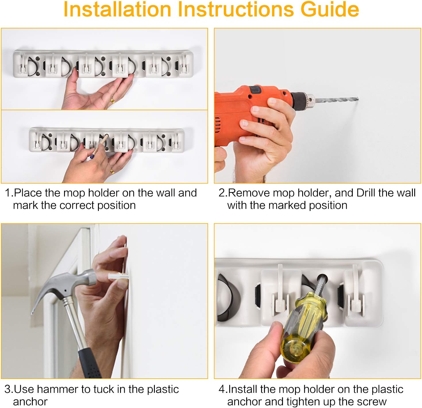 Mop Broom Holder, Wall Mounted Commercial Organizer Storage Rack for Garden Tools, Kitchen, Garage and Laundry [5 Slots with 6 Hooks]: Home Improvement