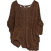 MakeMeChic Women's Plus Size Boho Tops Crochet Sweater Dolman Sleeve Beach Cover Up