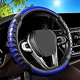 3D Massage Blue Carbon Fiber Leather Steering Wheel Cover, 14.5-15 Inch Non-Slip Breathable Microfiber Car Steering Wheel Protector