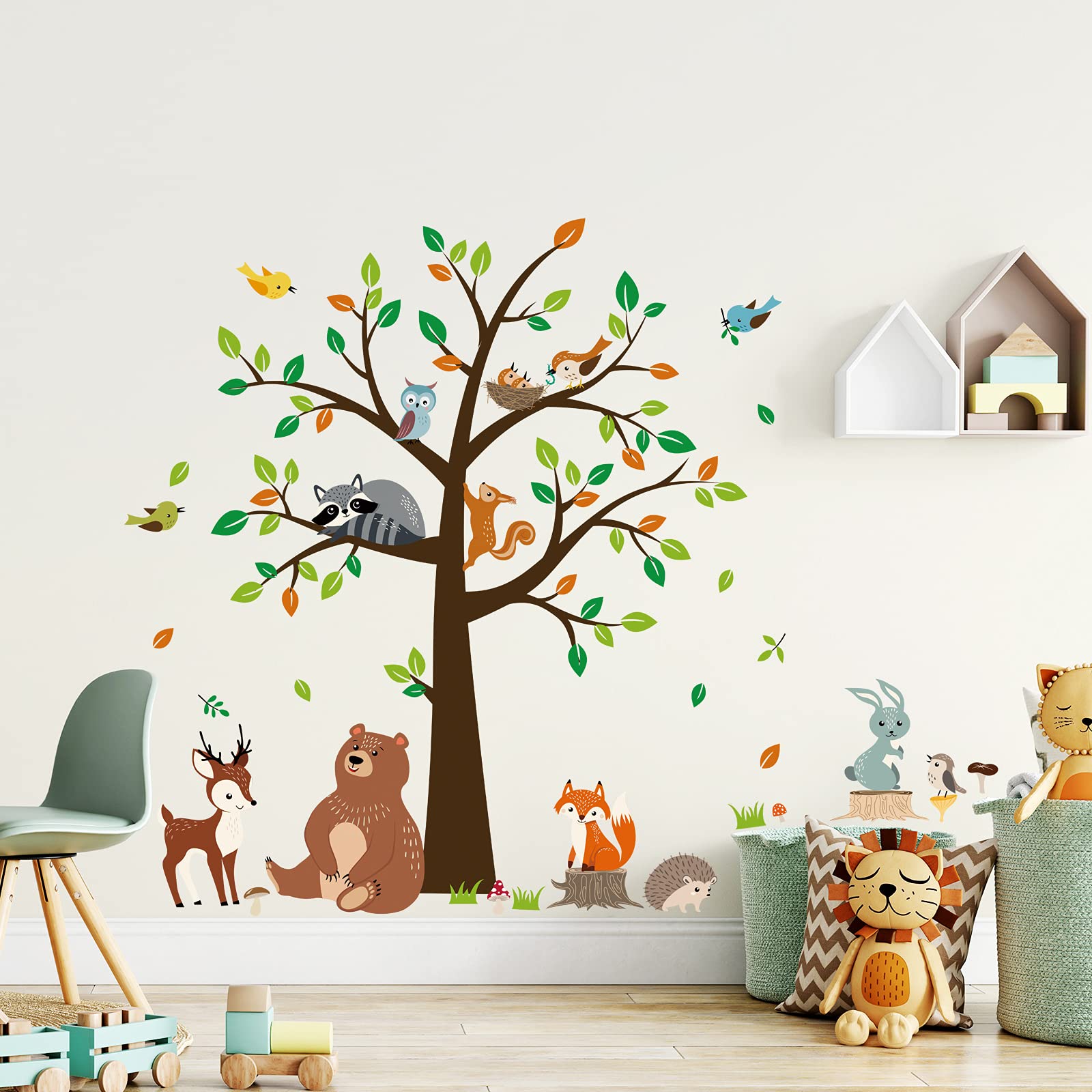 decalmile Woodland Animal Tree Wall Decals Bear Fox Deer Wall Stickers Kids Baby Nursery Bedroom Playing Room Wall Decor