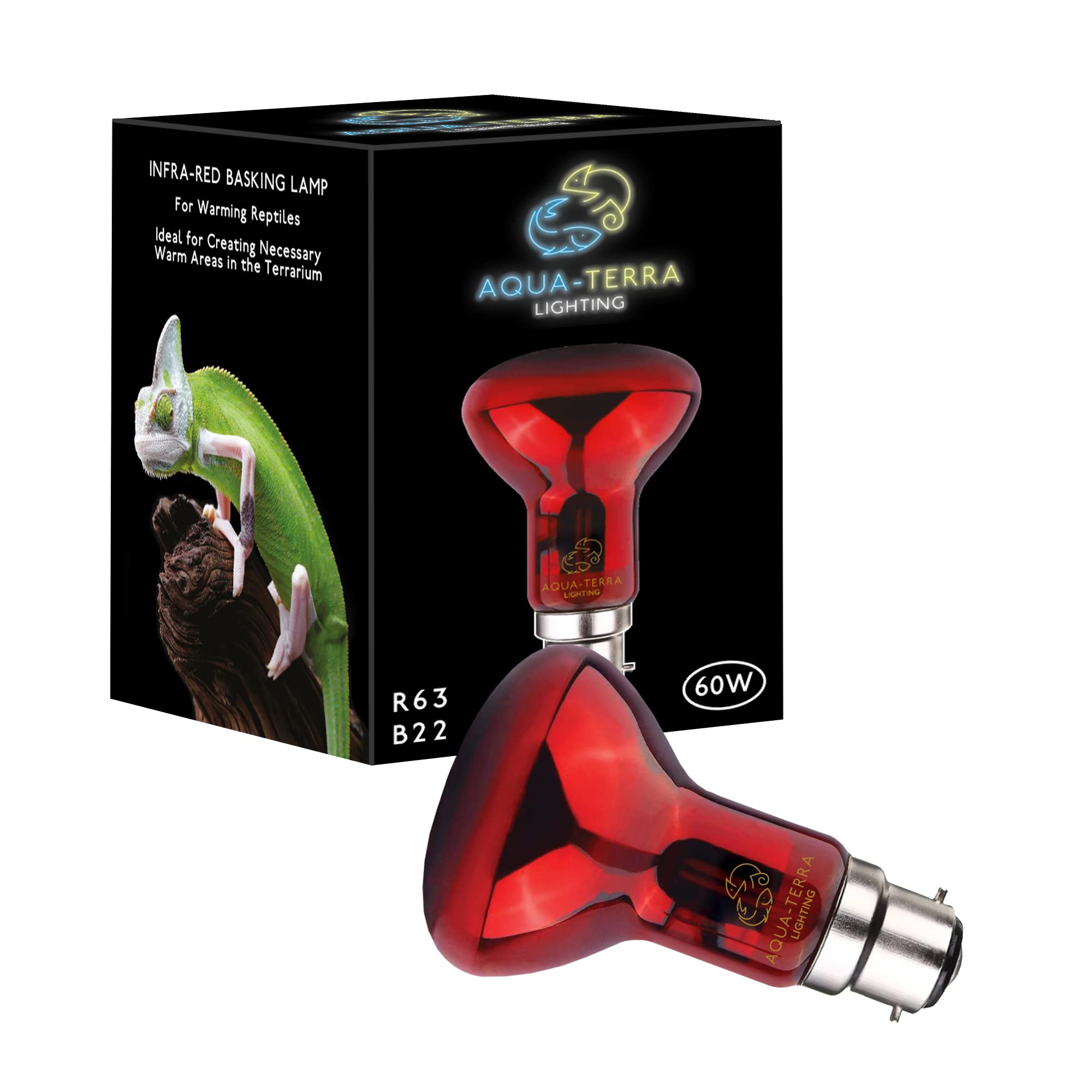 Aqua-Terra Lighting 60w Infrared Basking Heat Lamp for Reptiles, Amphibians and Invertebrates– R63 Spotlight Bulb with B22 Standard Bayonet Base Suitable for Vivarium Heating