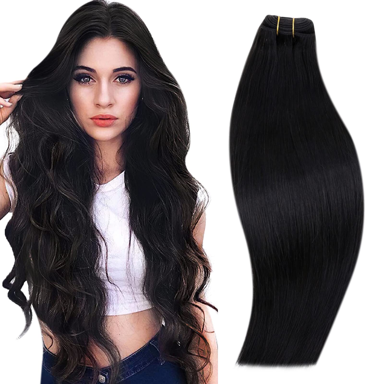 RUNATURE 18Inch Weft Hair Extensions Real Human Hair Black Sew in Hair Extensions Black Double Human Hair Weft Straight 100g/pack #1