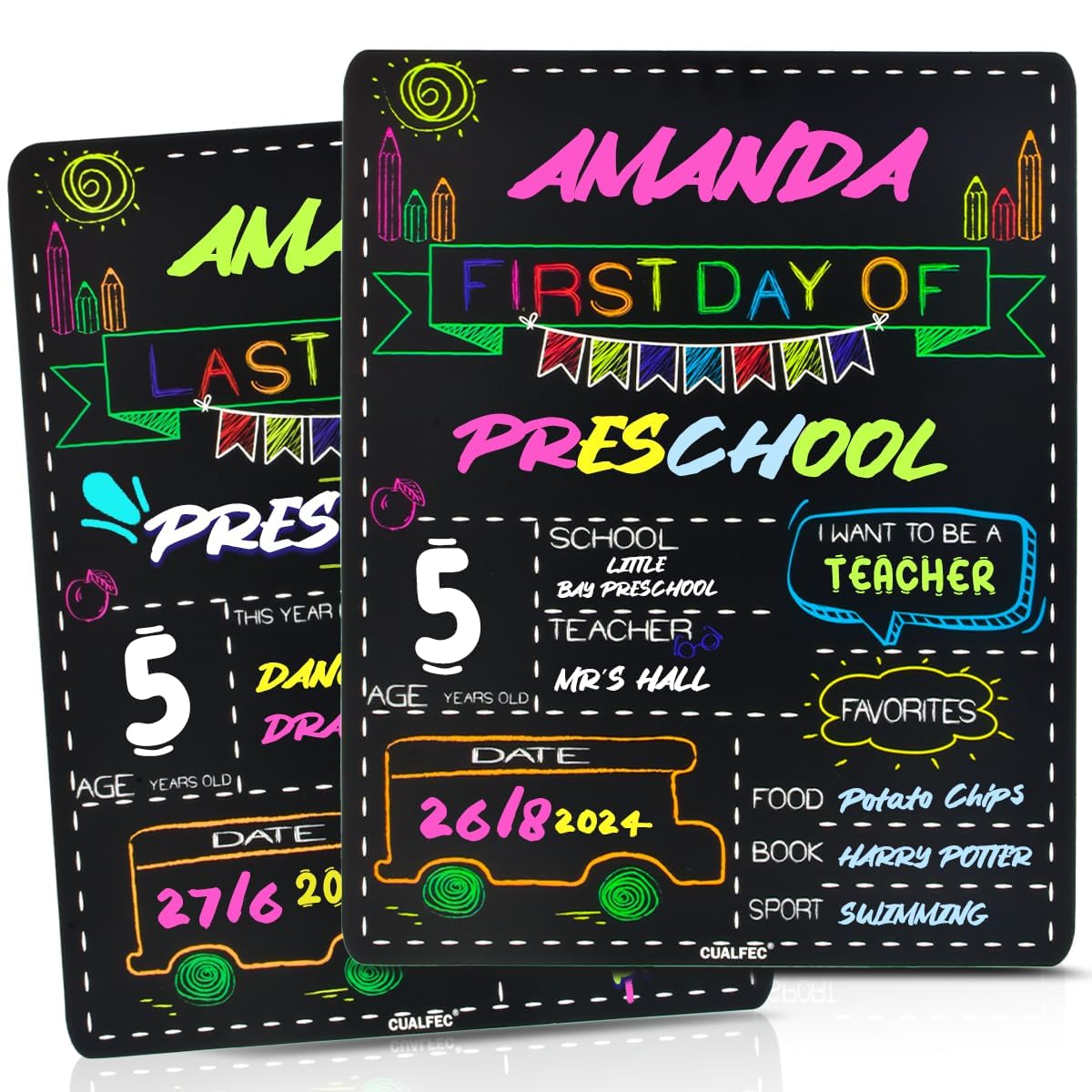 Photo 1 of Personalized First Day and Last Day of School Sign 13" x 16" Large Chalkboard Style Photo Prop Back to School Supplies - 2 Pcs