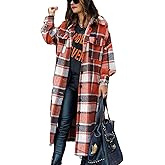 Omoone Women's Flannel Plaid Shacket Fall Oversized Long Button Down Shirt Jacket Shackets