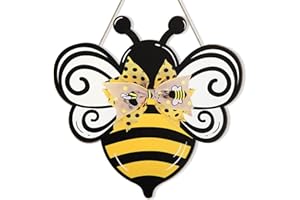 Bee Wooden Wreaths Front Door Welcome Signs with Bow Ribbon, Bee Decoration Wood Door Wall Signs Door Hanger Crafts for Sprin