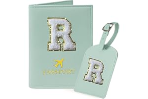 COSHAYSOO Green Passport Cover and Initial Luggage Tag Set TSA Approved with Preppy Chenille Letter Patch for Women Girl Friends, Trendy Travel Bag Backpack Suitcase Identifier Thanksgiving Gifts (R)