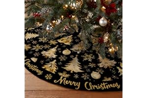 CROWNED BEAUTY Merry Christmas Tree Skirt Collar 48 Inch Xmas Trees Snowflakes Soft Farmhouse Holiday Decoration (Gold & Black) TS26