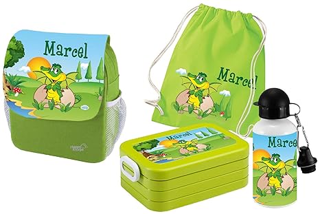 Mein Zwergenland Set 5 Kindergartenrucksack mit Brotdose Maxi, Turnbeutel Baumwolle und Flasche Happy Knirps Next Print mit N