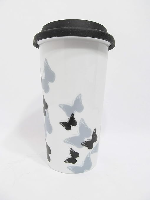 Amazon Com Ciroa Double Walled Insulated Ceramic Travel Mug Hot On The Inside But Cool To The Touch B W Butterflies Coffee Cups Mugs