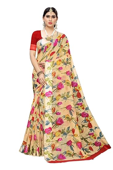Womens Red Color Satin Patta Flower Printed Saree With Blouse Piece (SAISHA RED_Free Size)