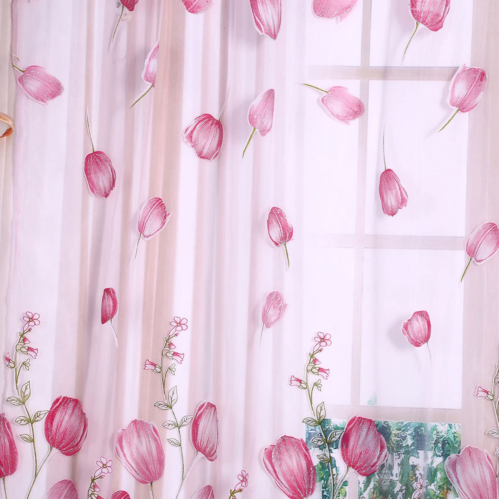 Colorful Tulips Floral Printing Tulle Voile Curtains Sheer Drape Balcony Door Room Dividers Scarf Valances Pastoral Decorative Window 100 * 200cm (Pink)