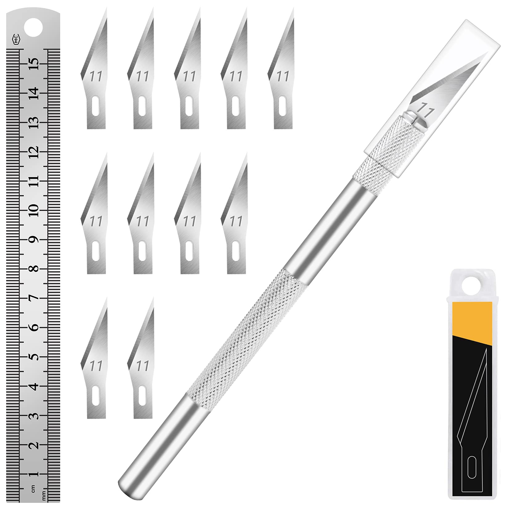 Photo 1 of 1 Pcs Craft Knife Hobby Knife with 11 Pcs Stainless Steel Blades Kit, 1pcs Steel 15MM Ruler for Art, Scrapbooking,Stencil