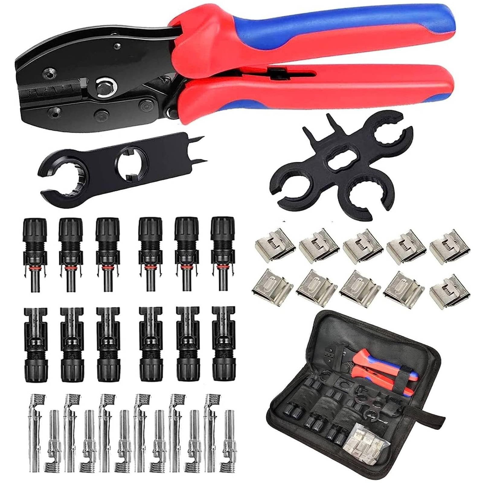 QeeHeng Solar Crimping Tool Kit-Solar Cable Connector,6 Pairs Male/Female Panel Connectors, 1 Crimper Tool,2pcs Spanner Wrench,37pcs Solar Panel Wiring Kits