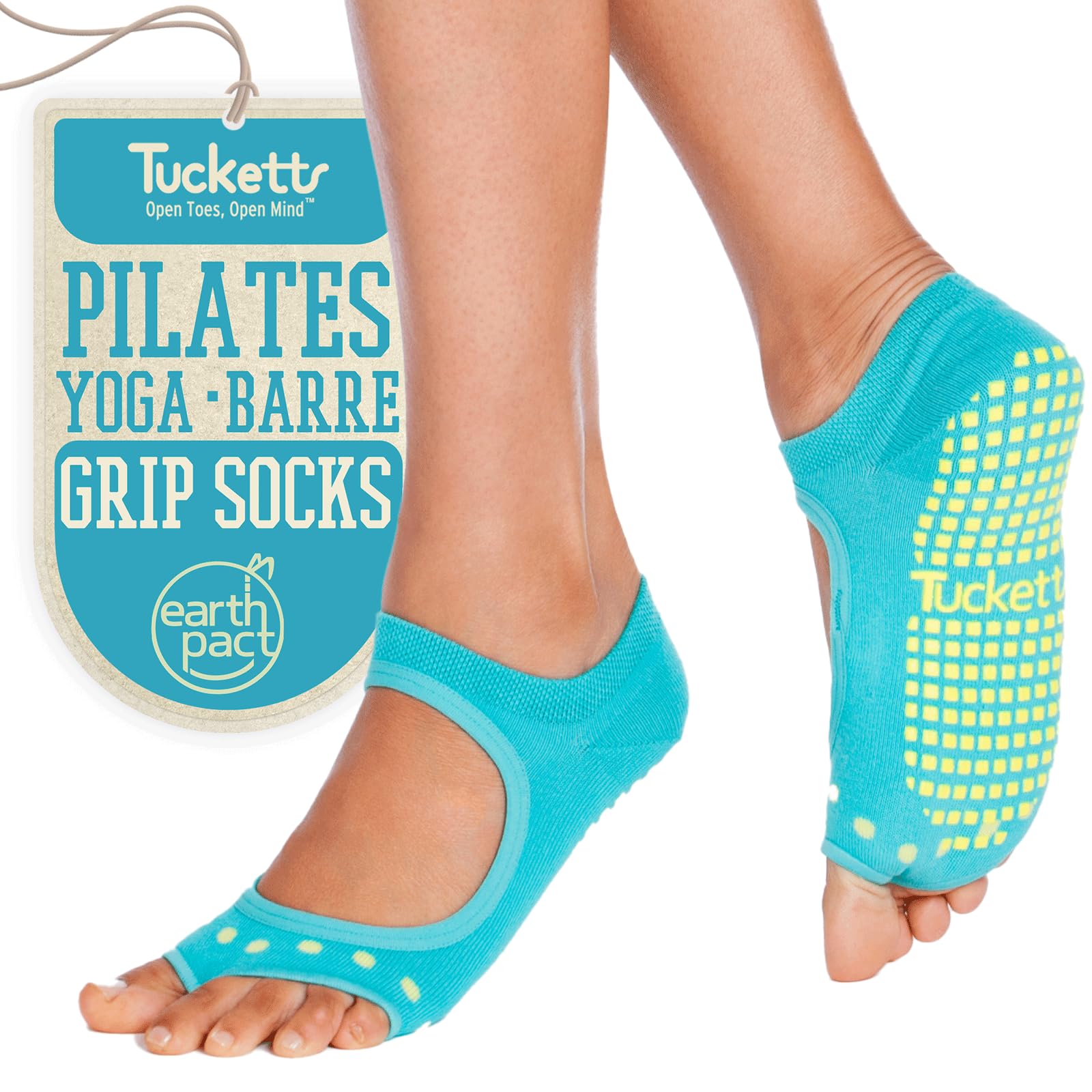 Tucketts Allegro Toeless Non-Slip Grip Socks, Made in Colombia, Mary Jane Style Perfect for Yoga, Barre, Pilates, One Size Fits Most, 1 Pair, Turquoise