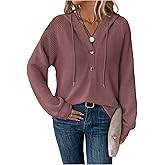 WDIRARA Women's Oversized Hoodies Waffle Knit Sweatshirt V Neck Button Up Hoodie Pullover