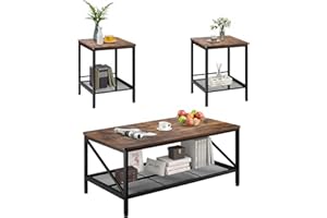 VEVOR 3 Pieces Living Room Table Sets, 41.3 in Industrial Coffee Table with 2 Square End Side Tables, Easy Assembly Coffee and End Tables Sets with Metal Legs, for Office, Living Room & Apartment