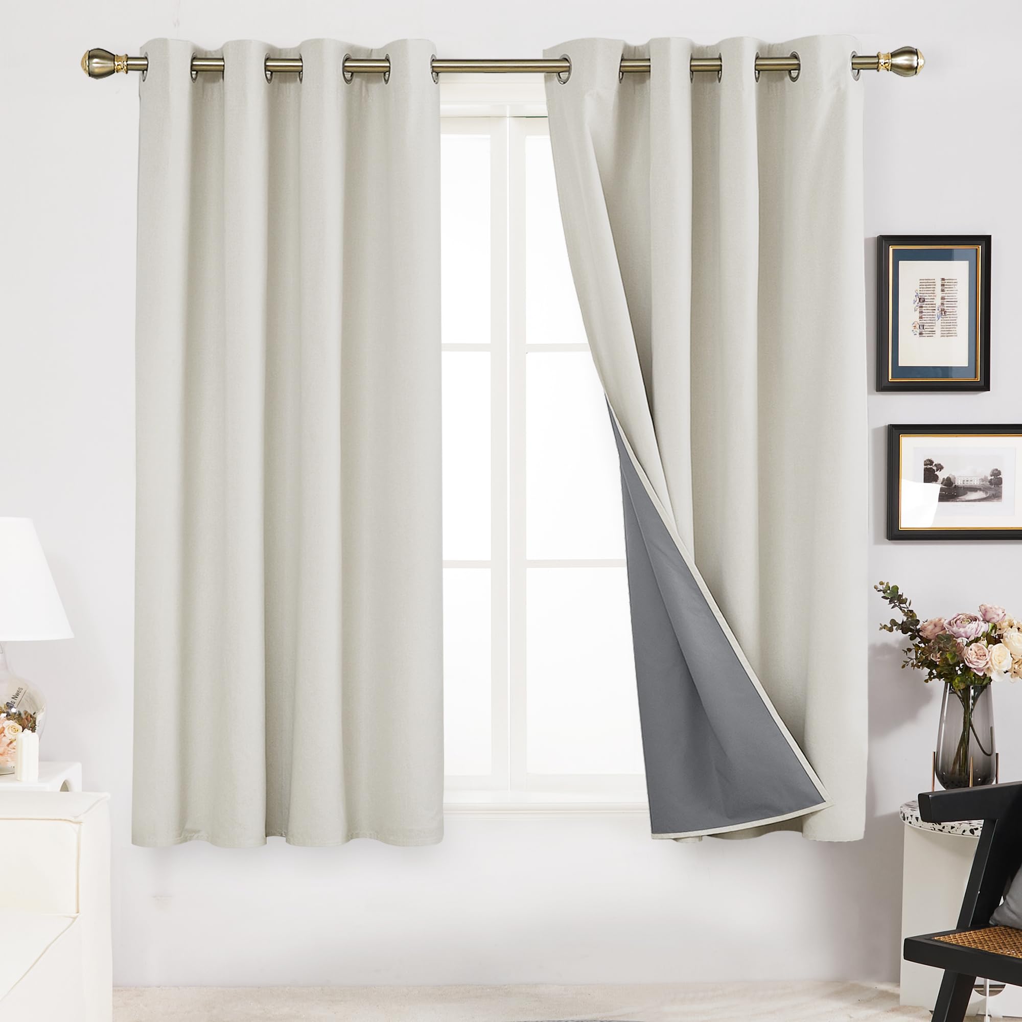 Deconovo Full Blackout Curtains Thermal Insulated Energy Efficiency Eyelet Bedroom Blackout Curtains with Coating Back Layer 52 x 54 Inch Greyish White 1 Pair