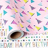 WRAPAHOLIC Reversible Birthday Wrapping Paper - Mini Roll - 17 Inch x 9.8 Feet - Pink Happy Birthday Wrapping Paper for Girls, Kids, Baby Shower