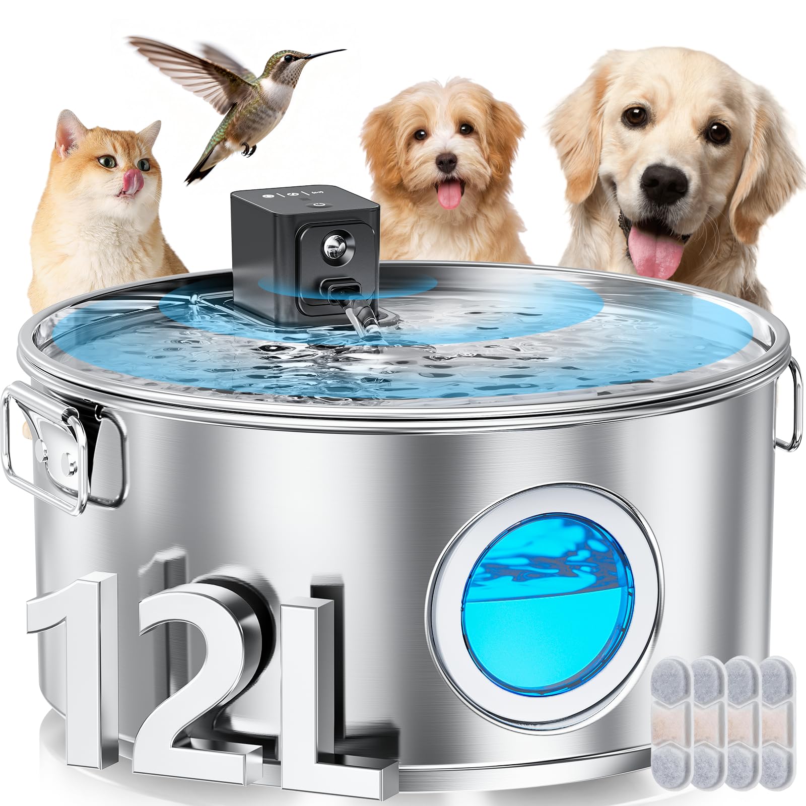 Photo 1 of 12L/ 3.4Gal Wireless Automatic Dog Water Fountain for Large Dogs?Stainless Steel 3 Modes Dog Fountain Water Bowl Dispenser, Multi Large Pet Water Fountain Ultra Quiet & Multi-Filteration