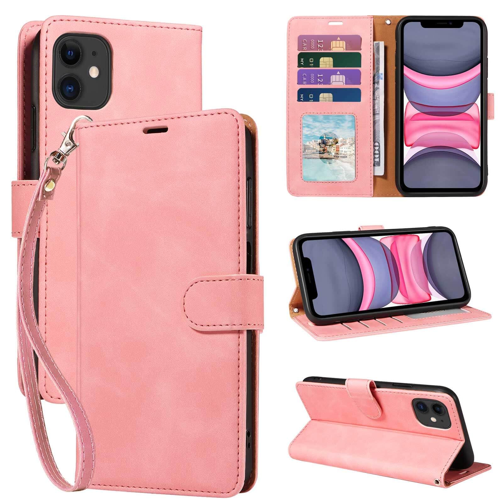 GOTOURED for iPhone 11 Wallet Case, [RFID Blocking 4 Card Slots] [Wrist Strap] [Kickstand] [Magnetic Closure] Shockproof Protective Soft Leather for iPhone 11 Flip Cases Cover (Pink)