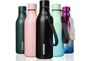 BJPKPK Insulated Water Bottles, 18 oz Stainless Steel Metal Water Bottle with Strap, BPA Free Leak Proof Thermos, Mugs, Flasks, Reusable Water Bottle for Sports & Travel, Black