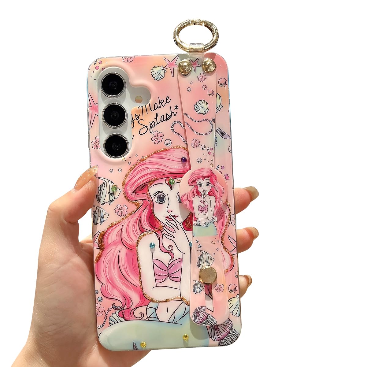 Meishangmei for Samsung Galaxy S25 FE Case 6.7" Sparkle Bling with Strap Stand Cute Pattern IMD Plating Design Silicone Shockproof Protective Glitter Cases Cover for Girls and Women - Mermaid