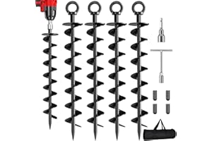PHOPICH Ground Anchor Screw in, 4 Pack Spiral Trampoline Anchors with Nut and Tool Swing Set Anchors Tent Stakes High Wind Heavy Duty for Sheds, Carports, Mobile Home Black