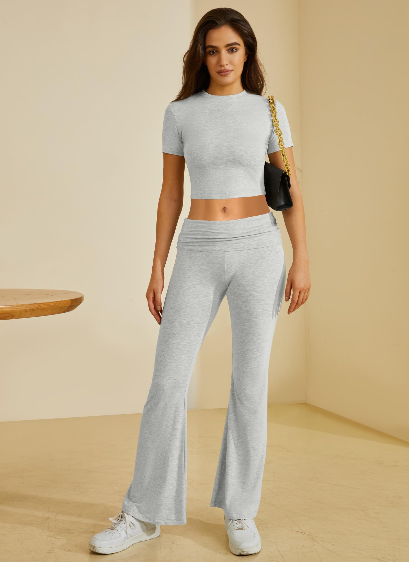 COPYLEAF Two Piece Lounge Sets for Women Fold Over Flare Pants Short Sleeve Crop Top Y2k Outfits Matching Set Tracksuit(Light Grey S) - Image 2