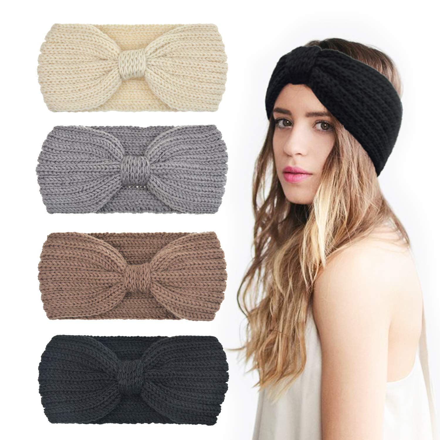DRESHOW 4 Pack Knitted Hairband Crochet Turban Headband for Women Girls Warm Bulky Crocheted Headwrap
