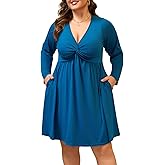 Manllenshie Womens Plus Size Dress Casual Cocktail Party Deep V Neck Twist Knot Front Flowy Midi Dresses with 2 Pockets Roll up 3/4 Sleeve (Teal Blue,4XL)