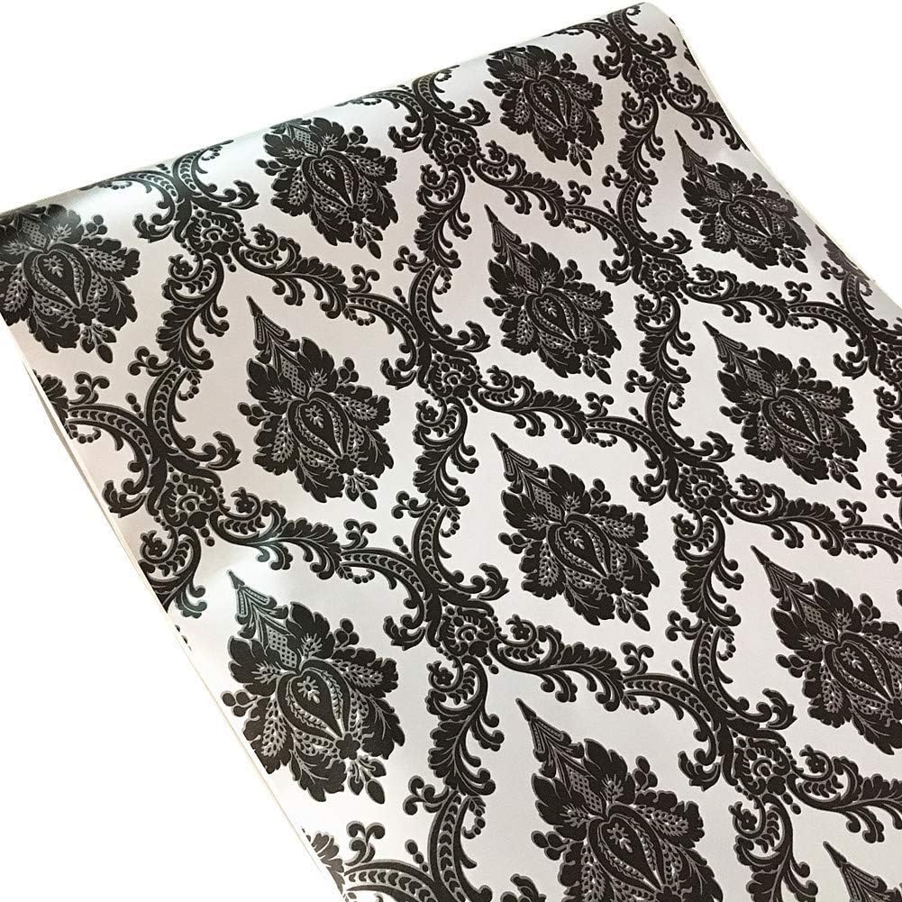 Self Adhesive Black Floral Damask Wallpaper Peel Stick Decorative Vinyl Film for Drawer Dresser Shelf Liner Sticker 17.7inch by 9.8ft
